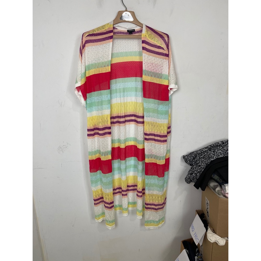 Torrid Rainbow Stripe Pointelle Knit Duster‎ Cardigan Womens 1/2 Open Front